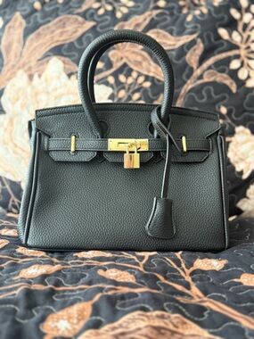 Black Structured Top-Handle Leather Tote with Gold Hardware